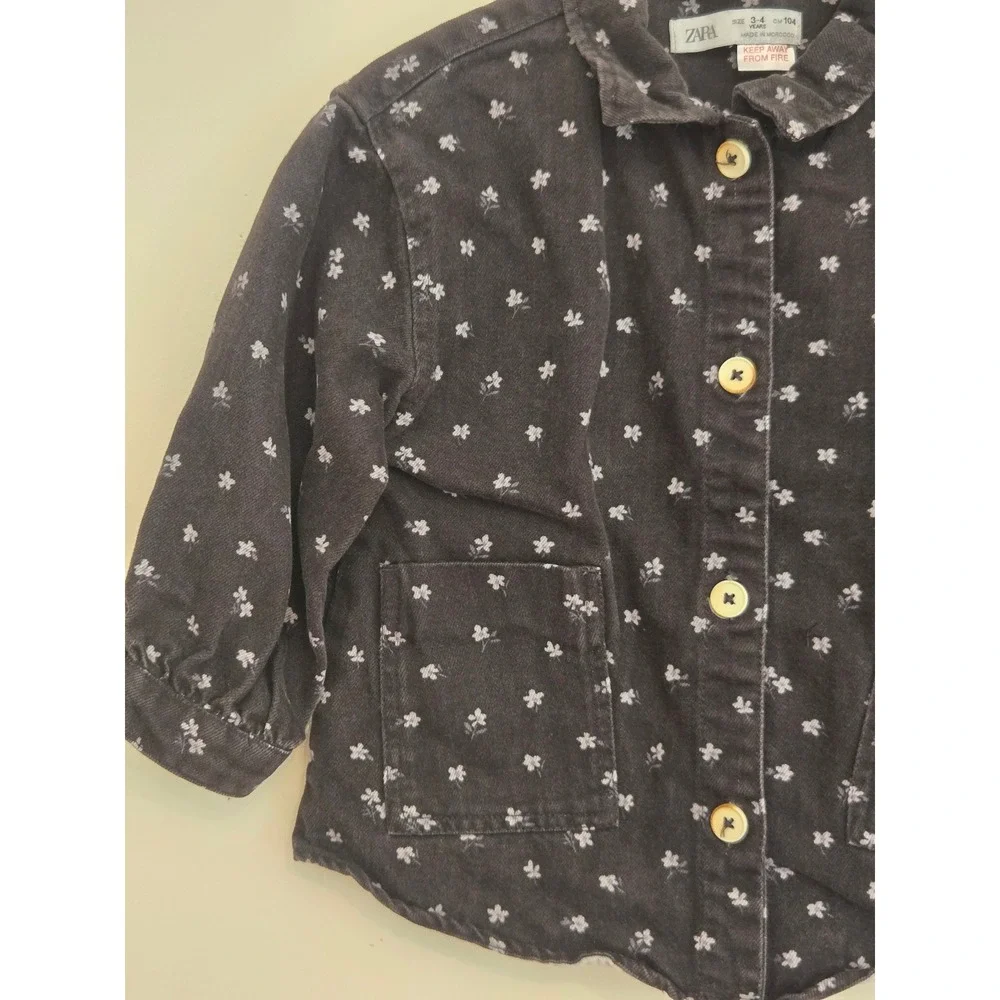 Zara Kids Floral‎ Button Down Shirt Dark Grey Long Sleeve Size 3-4 Years 104cm